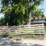 Ein Bauzaun aus Holz führt rings um einen großen Baum herum.arbeiten geschützt